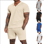 Herren nan kurzärmeliges Halbkragen-Strickset mit feiner Waffelstruktur und gerade geschnittenen Shorts R&B