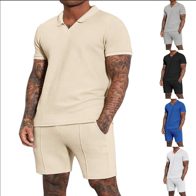 Herren nan kurzärmeliges Halbkragen-Strickset mit feiner Waffelstruktur und gerade geschnittenen Shorts R&B