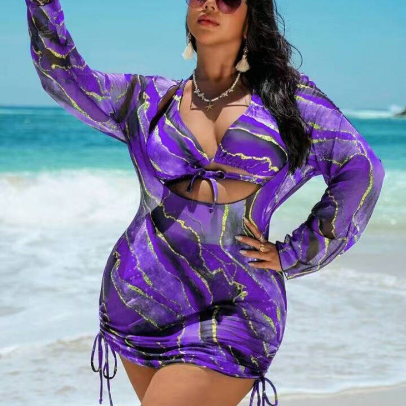 Damen Strandkleid mit transparenten Einsätzen und modischem Wickel-Design R&B