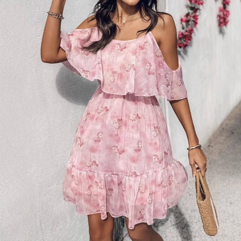 Damen Spazierkleid mit schulterfreier Optik und Rüschendetails R&B