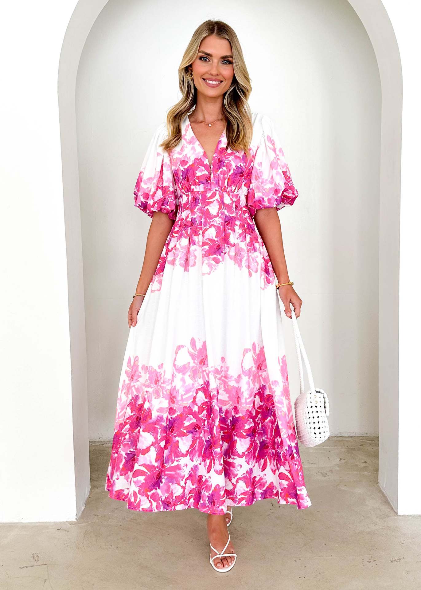 Damen Maxikleid mit voluminösen Ärmeln und floralem Print R&B