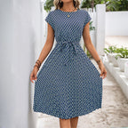 Damen Midi Sommerkleid mit bindbarem Taillengürtel und grafischem Muster R&B