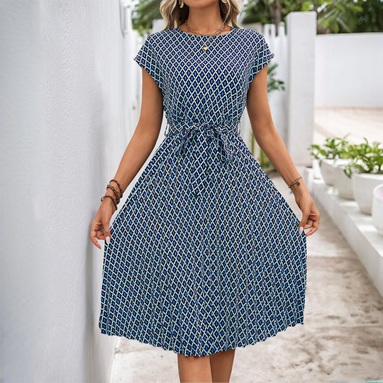 Damen Midi Sommerkleid mit bindbarem Taillengürtel und grafischem Muster R&B