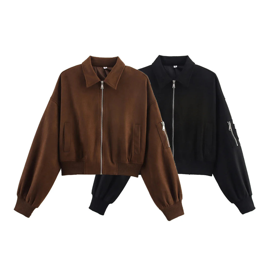 Damen cropped Kunstlederjacke mit praktischen Taschen R&B