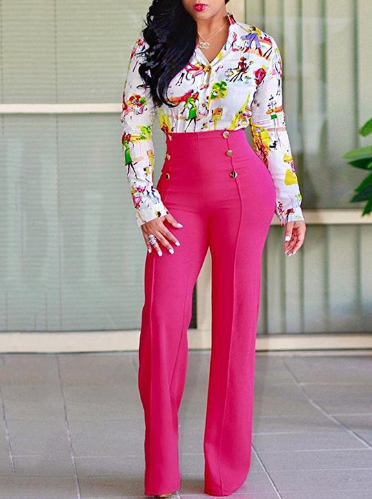 Damen Hochtaillierte Palazzo-Hose mit goldenen Knöpfen R&B