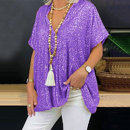 Damen Glamouröses Pailletten-Tunikashirt mit V-Ausschnitt R&B