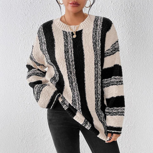 Damen Grober Strickpullover mit auffälligem Streifenmuster und lockerer Passform R&B