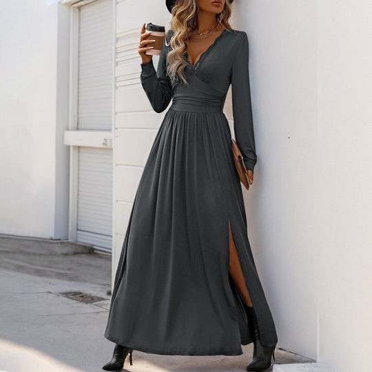 Damen Maxikleid mit tiefem V-Ausschnitt und eleganter Raffung R&B