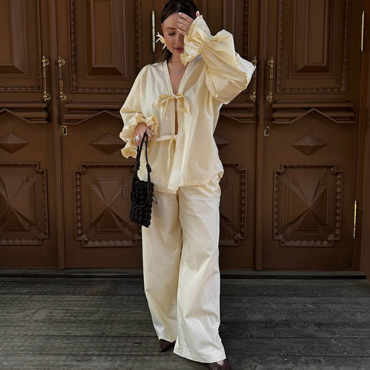 Damen lässige Loungewear-Kombination mit voluminösen Ärmeln R&B