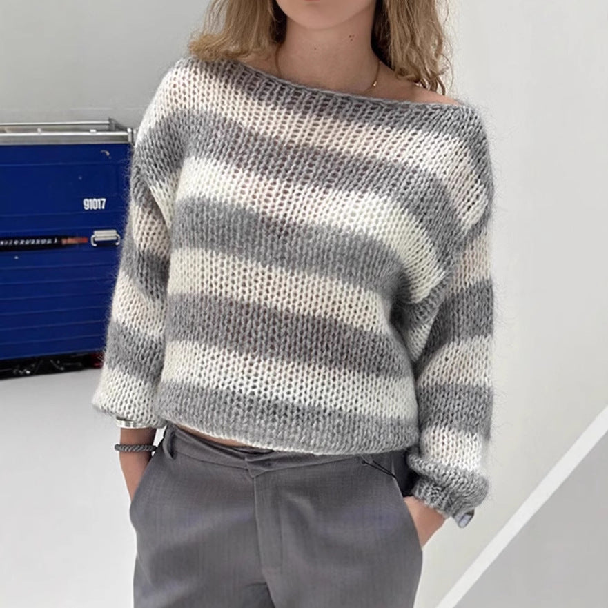 Damen Strickpullover mit breitem Streifenmuster und voluminösen Ärmeln R&B