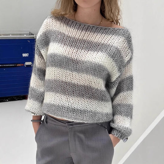 Damen Strickpullover mit breitem Streifenmuster und voluminösen Ärmeln R&B