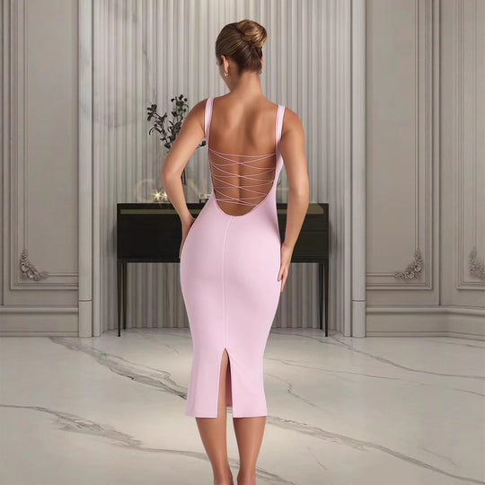 Damen Figurumspielendes Midi-Kleid mit quadratischem Ausschnitt und schmalem Schnitt R&B