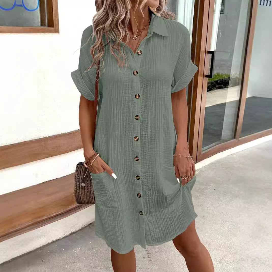 Damen lässiges Hemdblusenkleid aus leichtem Baumwollmischgewebe mit Knopfleiste und Seitentaschen R&B