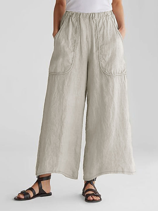 Damen Leichte, weit geschnittene Leinenhose mit elastischem Bund und praktischen Taschen R&B