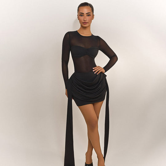 Damen Wickelkleid mit transparenten Ärmeln und eleganter Raffung R&B