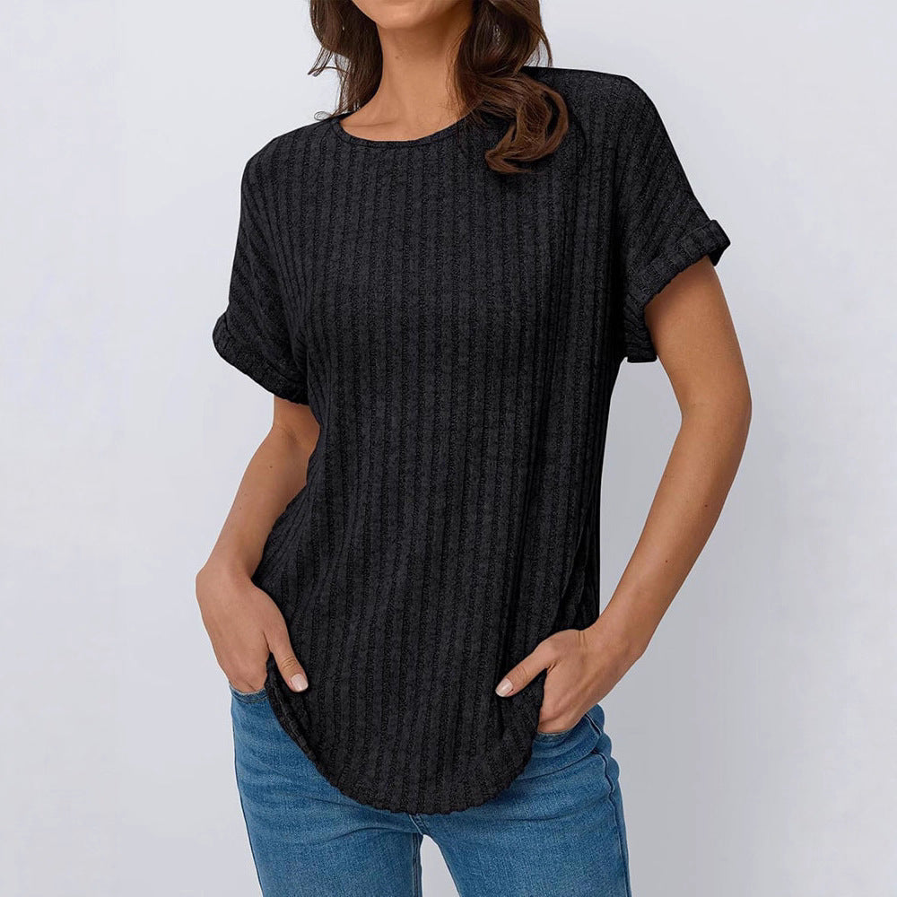 Damen lässiges T-Shirt im Ripp-Design mit umschlagenen Ärmeln R&B