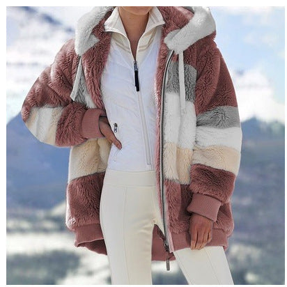 Damen Modische und warme Fleecejacke mit Kapuze und blockartigem Design R&B