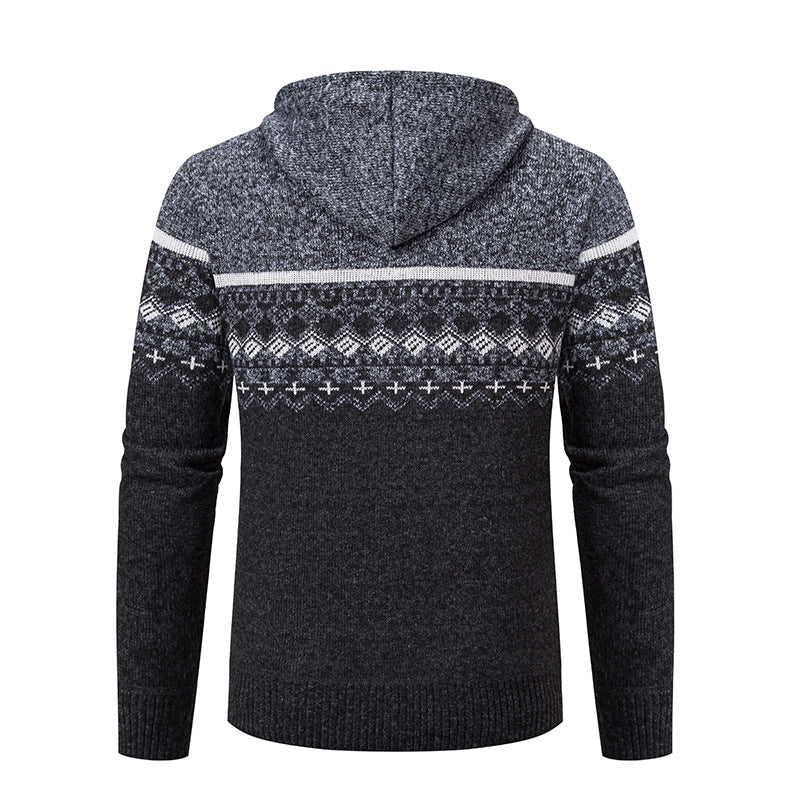 Herren stilvolle Strickjacke mit Kapuze und Norweger-Muster R&B