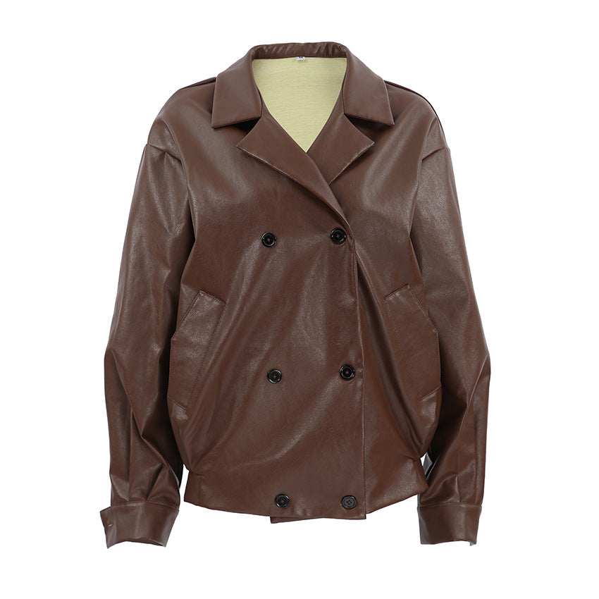 Damen Modische Oversized-Bomberjacke aus Kunstleder mit Knopfdetails R&B