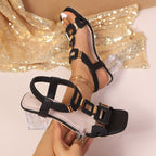 Damen elegante Sandalen mit transparentem Blockabsatz und kunstvollen Riemen R&B