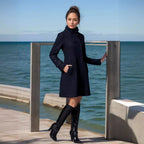 Damen eleganter Kapuzenmantel mit doppelter Knopfreihe und seitlichen Taschen R&B