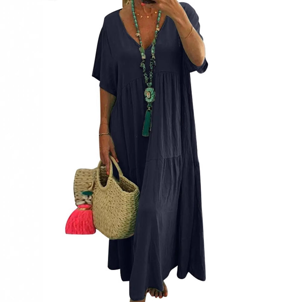 Damen luftiges Boho-Maxikleid mit schwingendem Saum und tiefem V-Ausschnitt R&B