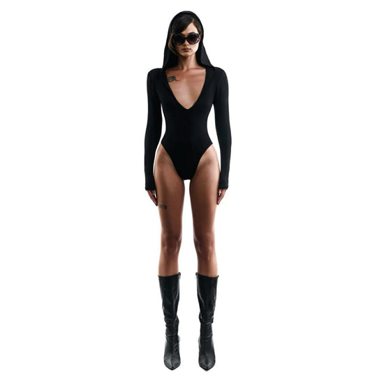 Damen langärmliger Body mit Kapuze und tiefem V-Ausschnitt R&B