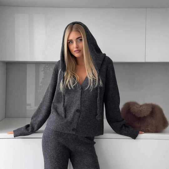 Damen elegantes Strickensemble mit weitem Cardigan und passenden Hosen R&B