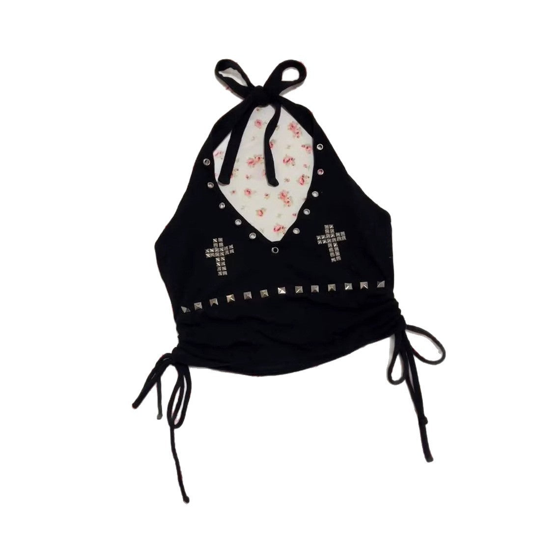 Damen-Crop-Top mit auffälligen Nieten und Kreuzdetails R&B