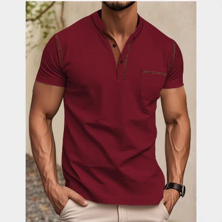 Herren nan modernes Kurzarm-Henley mit Stehkragen, Kontrastnähten und aufgesetzter Brusttasche R&B
