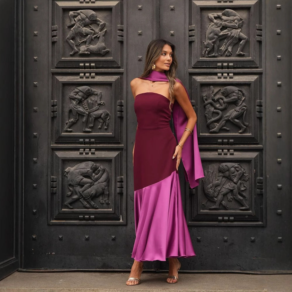 Damen Abendkleid mit asymmetrischem Schnitt und elegantem Überwurf R&B