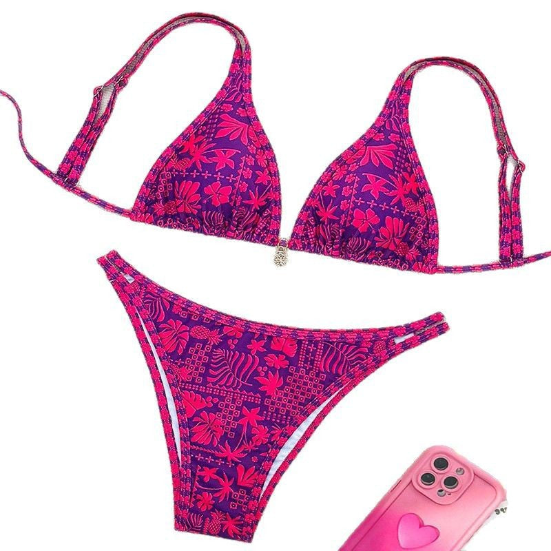 Damen Triangel-Bikini-Set mit schimmerndem Blütenmuster und verstellbaren Trägern R&B