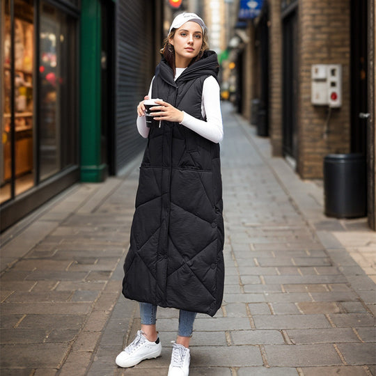 Damen gesteppte lange Weste mit isolierender Kapuze und praktischen Taschen R&B