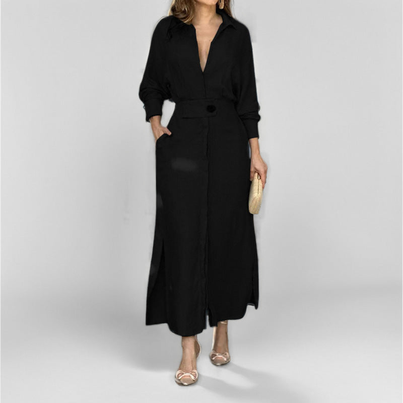 Damen elegantes Hemdblusenkleid mit Taillengürtel und seitlichen Schlitzen R&B
