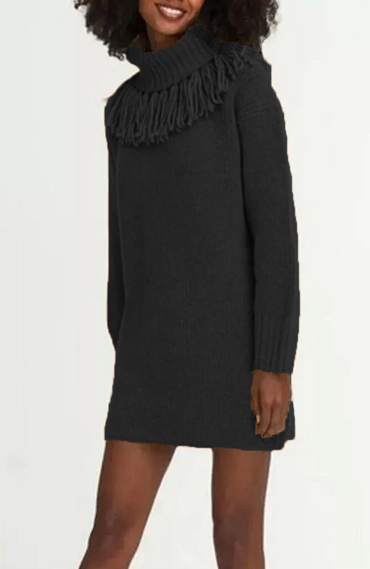 Damen Strickkleid mit hohem Rollkragen und modischen Fransen R&B
