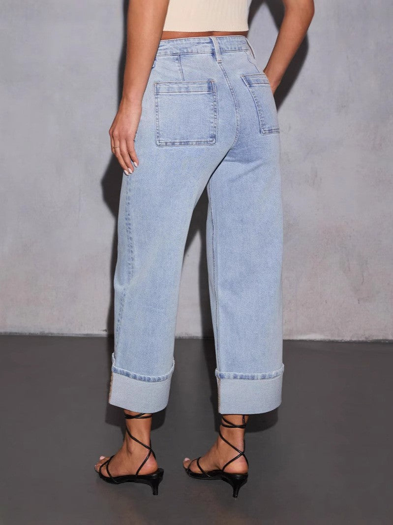 Damen Boyfriend Jeans mit lässigem Umschlagbund und hohen Taschen R&B