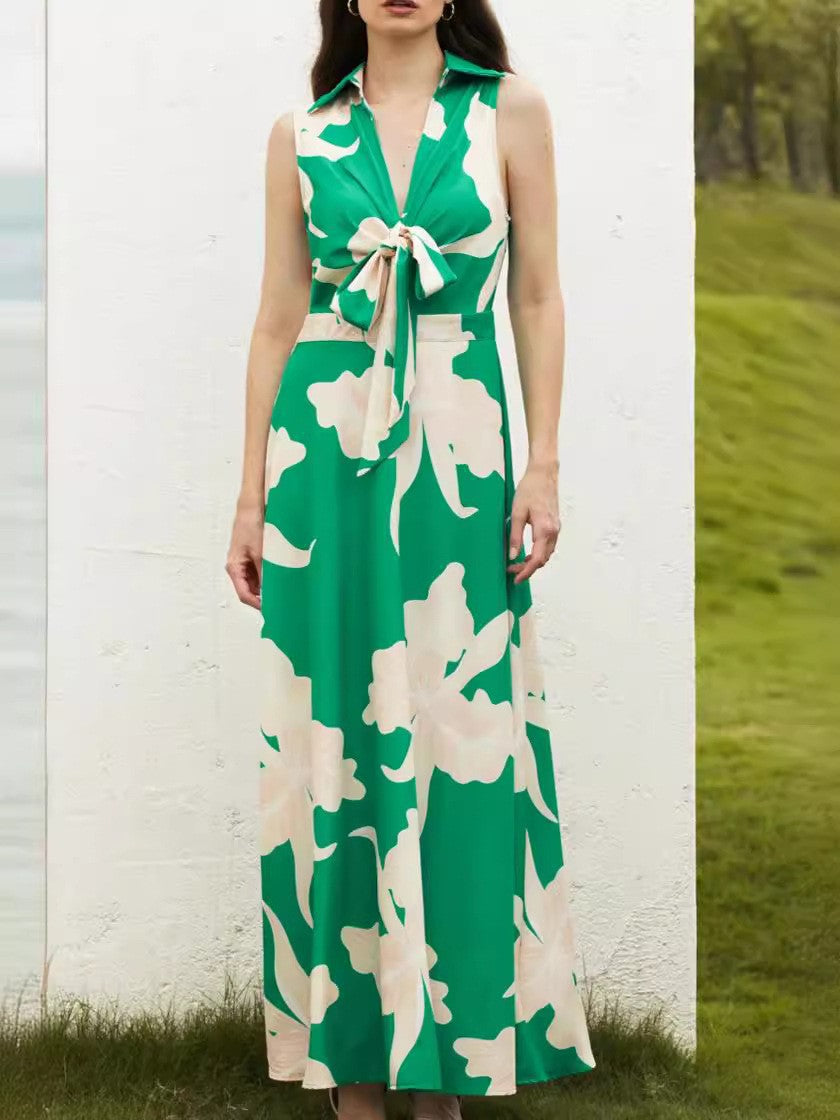 Damen Maxikleid mit dekorativem Bindegürtel und modischem Kragen R&B
