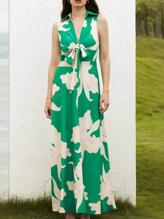 Damen Maxikleid mit dekorativem Bindegürtel und modischem Kragen R&B