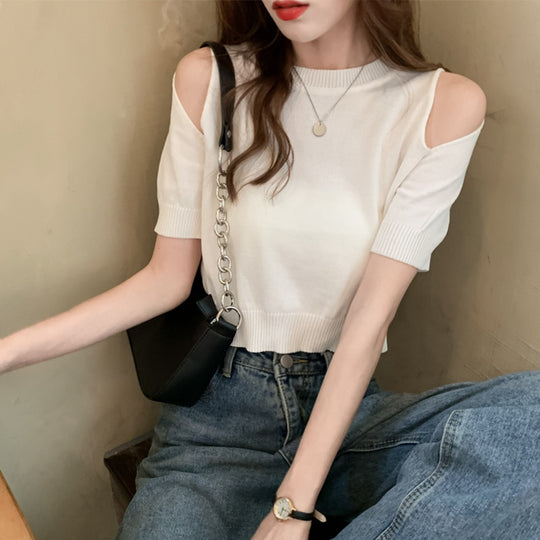 Damen Cropped Top mit schulterfreiem Design und modernem Strickmuster R&B