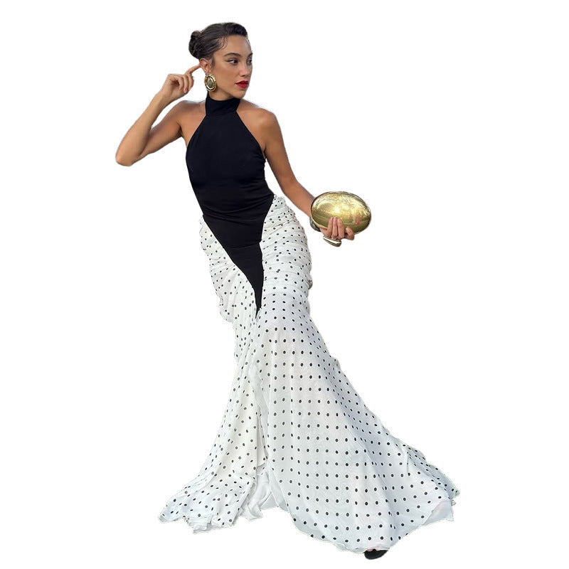 Damen elegantes langärmliges Kleid mit hochgeschlossenem Design und grafischem Punkte-Muster R&B