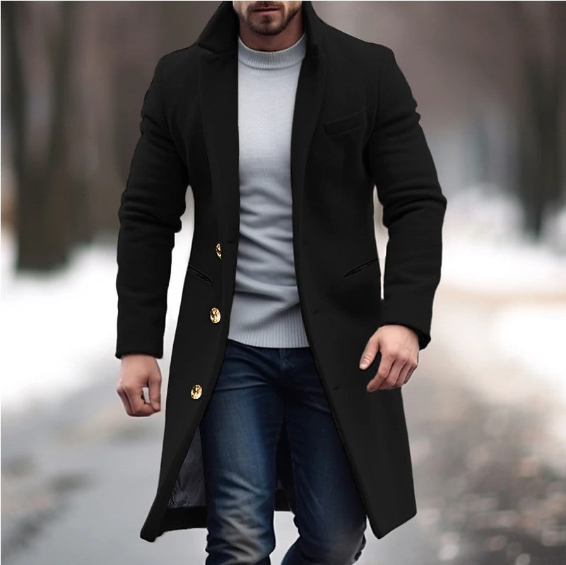 Herren eleganter Wollmantel mit schmalem Schnitt und goldenen Knöpfen R&B