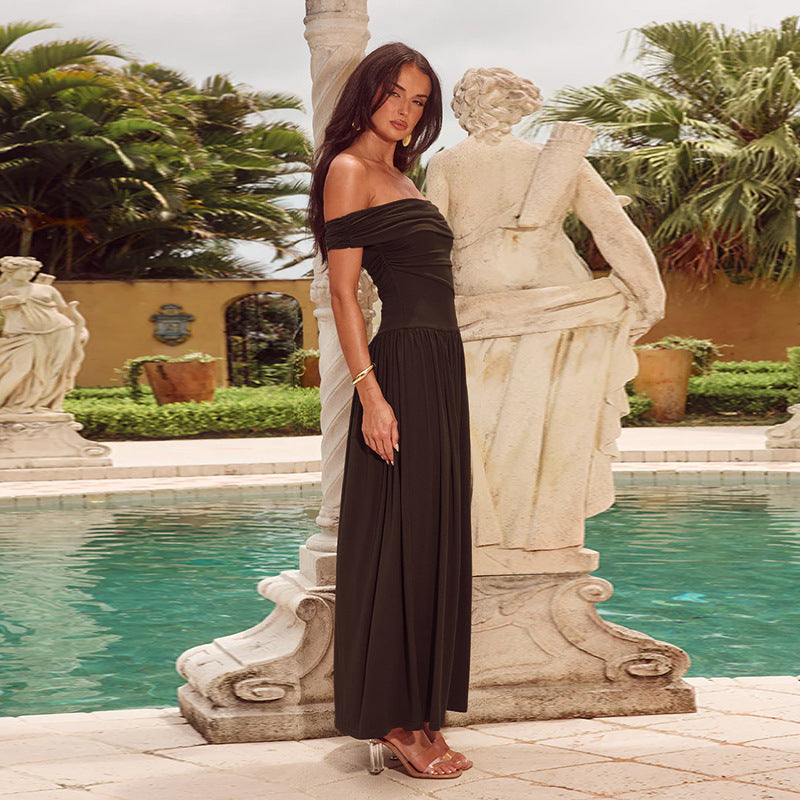 Damen Maxi-Kleid mit schulterfreiem Design und eleganten Drapierungen R&B