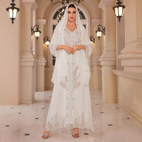 Damen Elegantes maximal langes Kleid mit feinen sticktechnischen Details und umhüllendem Schal R&B
