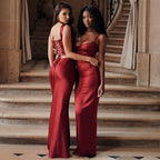 Damen Elegantes Satin Maxikleid mit Spaghettiträgern und figurbetontem Schnitt R&B