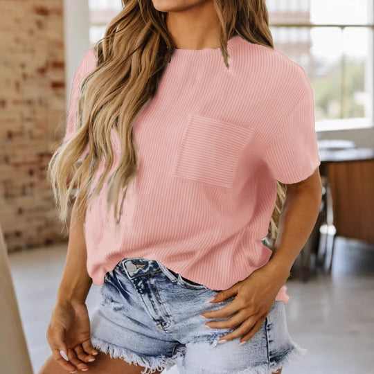 Damen lässiges Kurzarmshirt mit strukturierter Oberfläche und praktischem Brusttaschen R&B