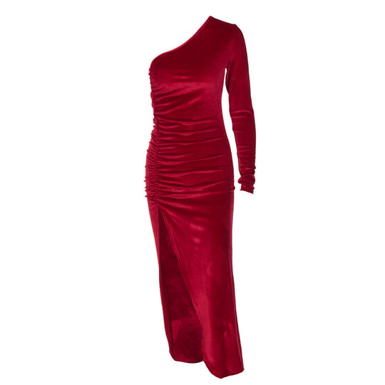 Damen stilvolles Ein-Schulter-Kleid mit Raffungen und Schlitz R&B