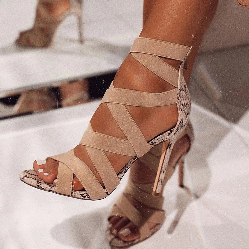 Damen High Heel Sandalen mit elastischen Riemen und stylischem Schlangenleder-Design R&B