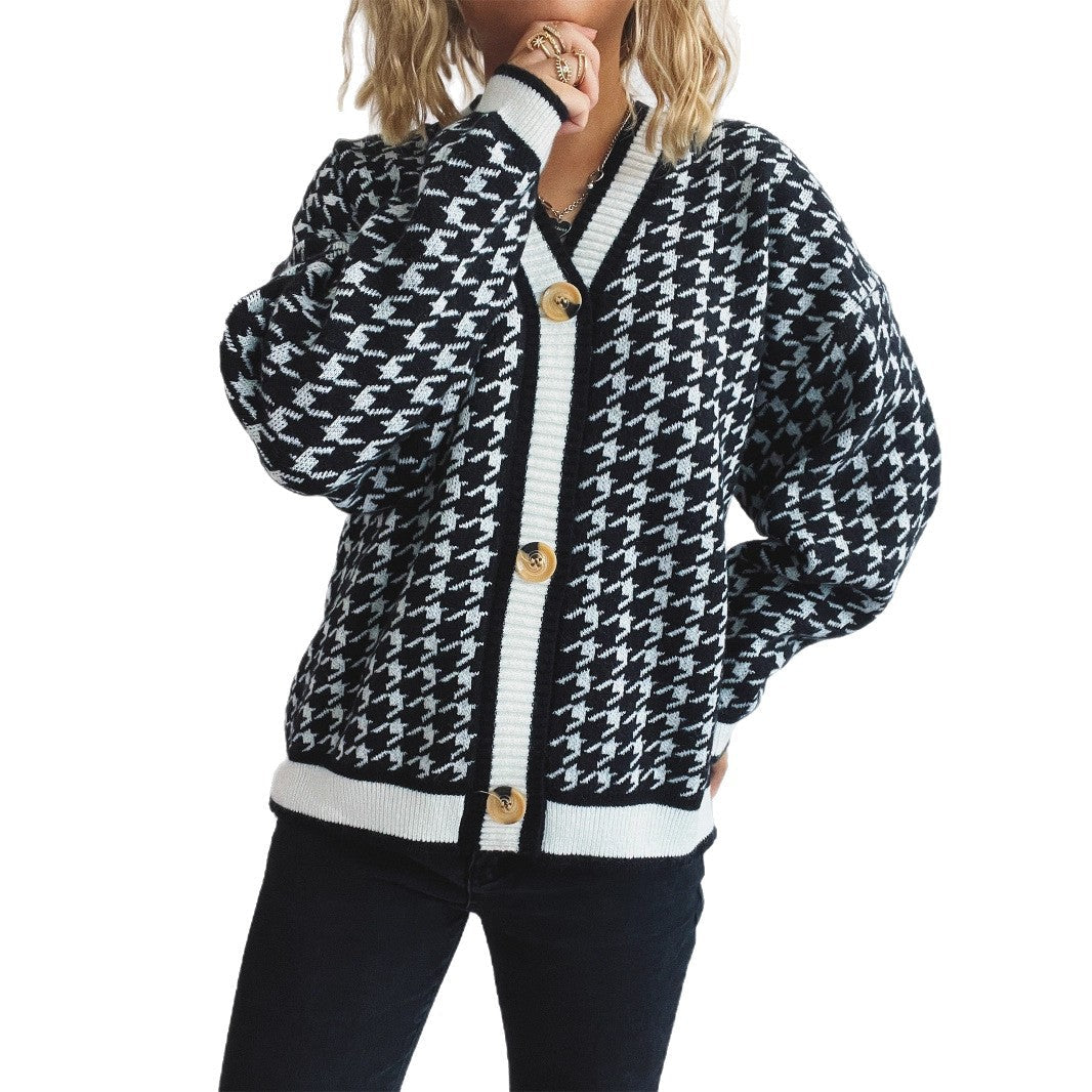 Damen lässiger Strickcardigan mit modischem Hahnentritt-Muster und Holzknöpfen R&B