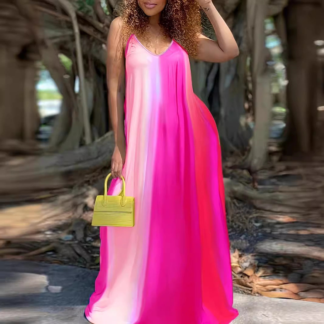 Damen Maxikleid mit fließendem Farbverlauf und zarten Spaghettiträgern R&B