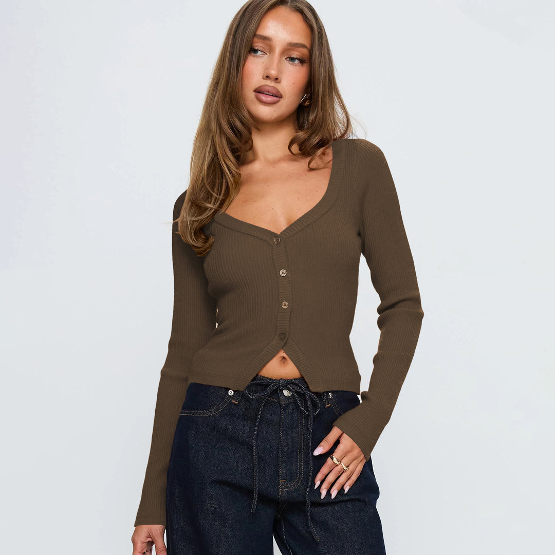 Damen Elegantes Ripp-Cardigan mit V-Ausschnitt und Knopfleiste R&B